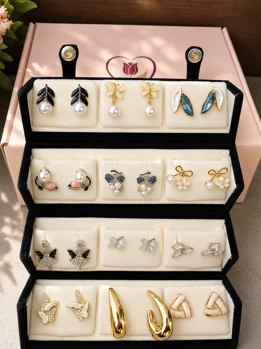 Set Of 12 Premium Oxidised Earrings With Velvet Box